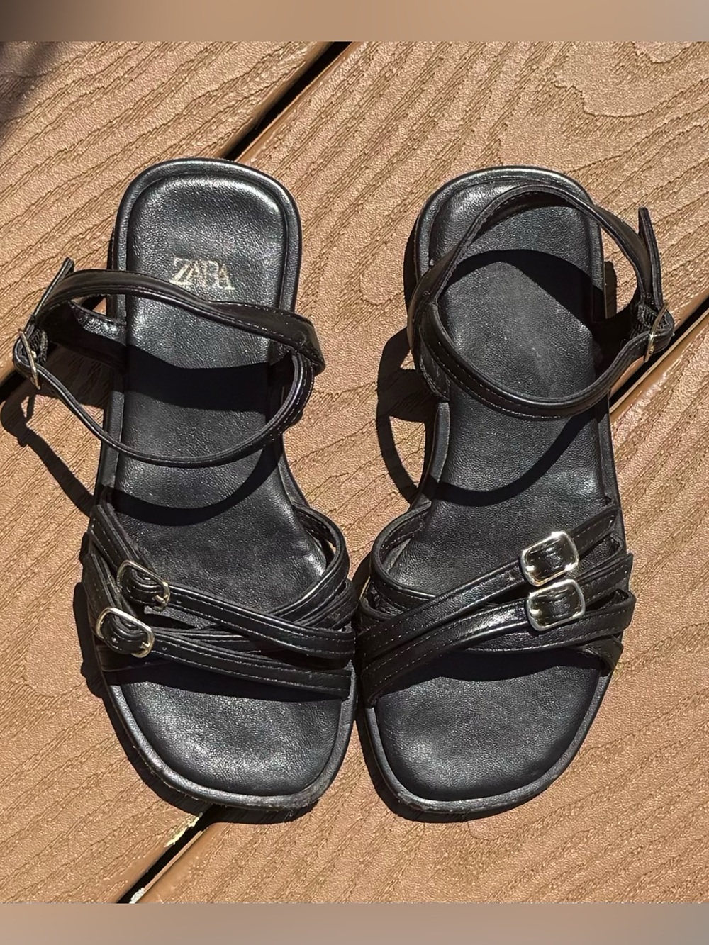 Zara Kids Black Leather Buckled Strap Sandals